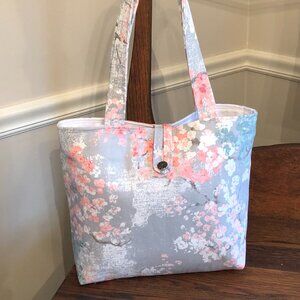 FLORAL CANVAS TOTE BAG / GREY, CORAL, PEACH, BLUE & WHITE SHOULDER PURSE